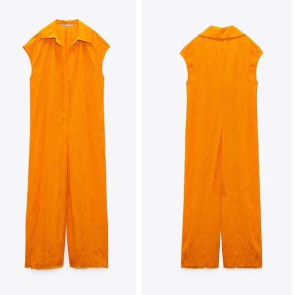 ZARA orange jacquard print full length jumpsuit size small - Picture 3 of 13